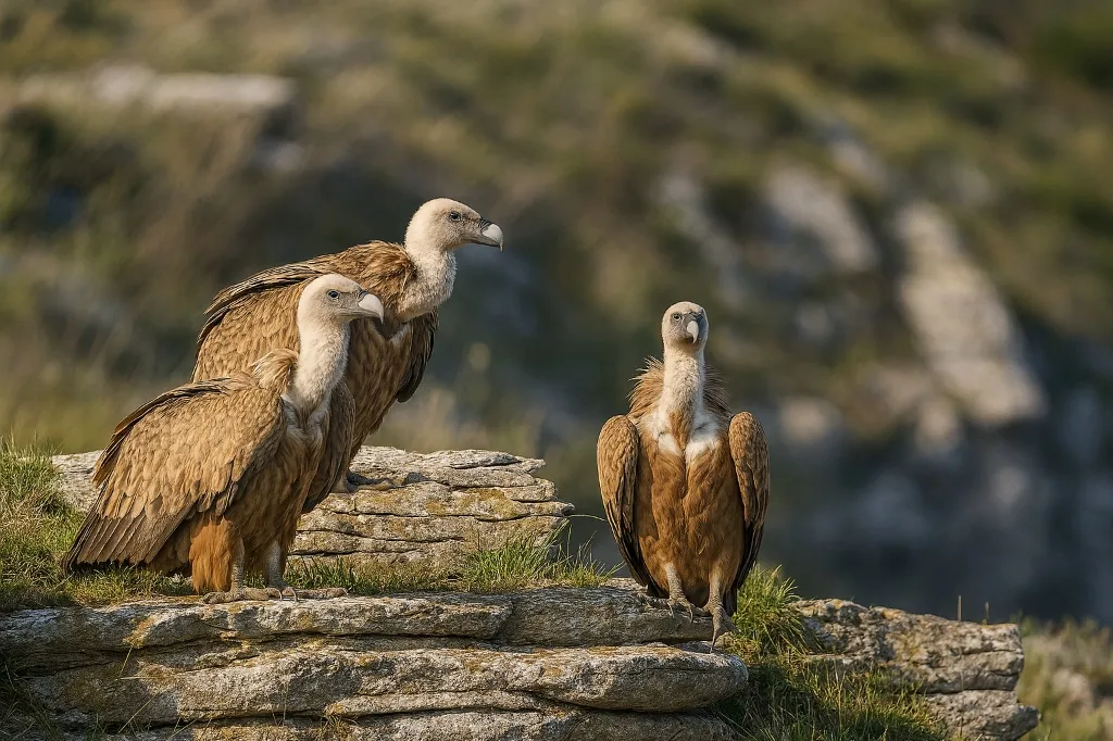 Buitres leonados sobrevolando los cortados de la Sierra Salvada